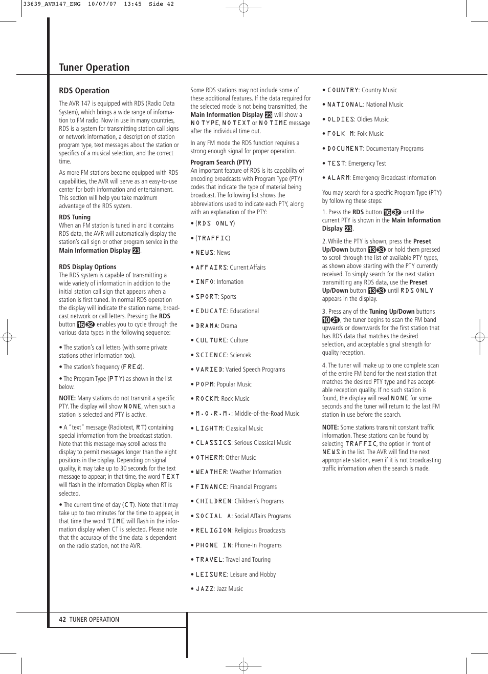 Tuner operation, Rds operation | Harman-Kardon AVR 147 User Manual | Page 42 / 52