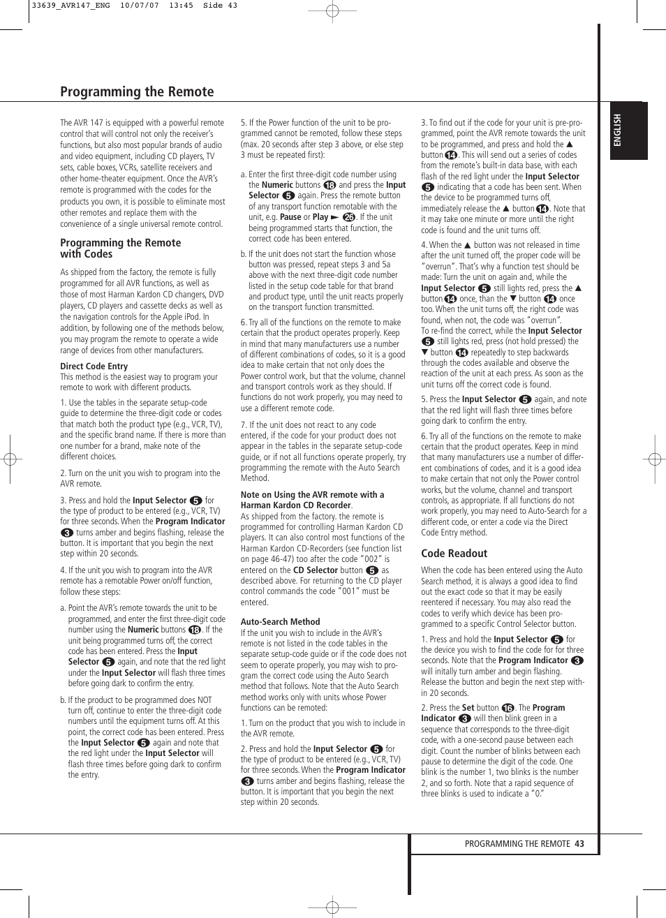 Programming the remote | Harman-Kardon AVR 147 User Manual | Page 43 / 52