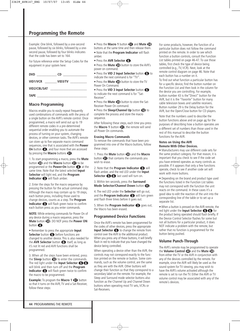 Programming the remote | Harman-Kardon AVR 147 User Manual | Page 44 / 52