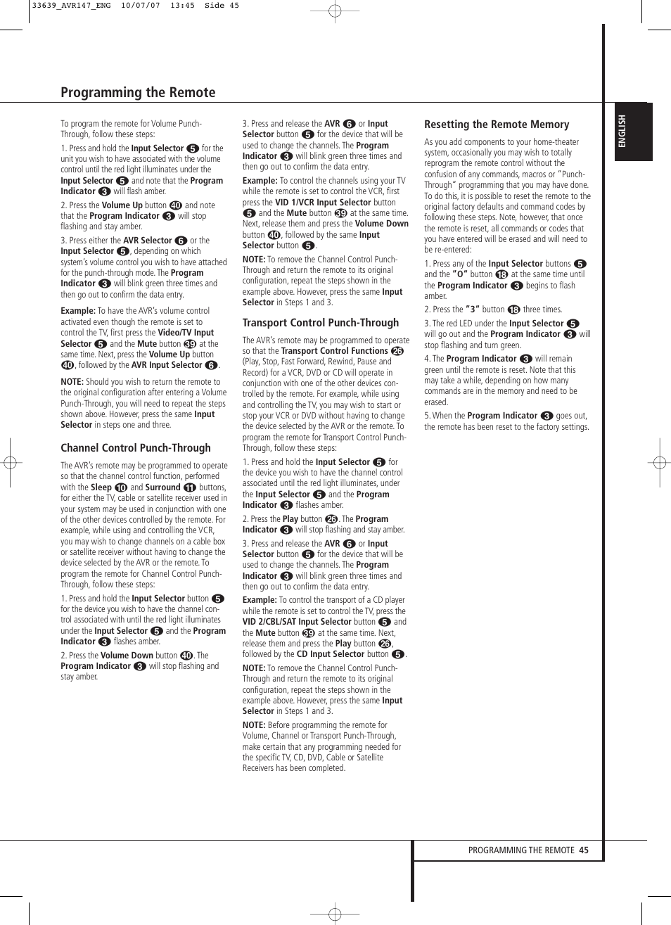 Programming the remote | Harman-Kardon AVR 147 User Manual | Page 45 / 52