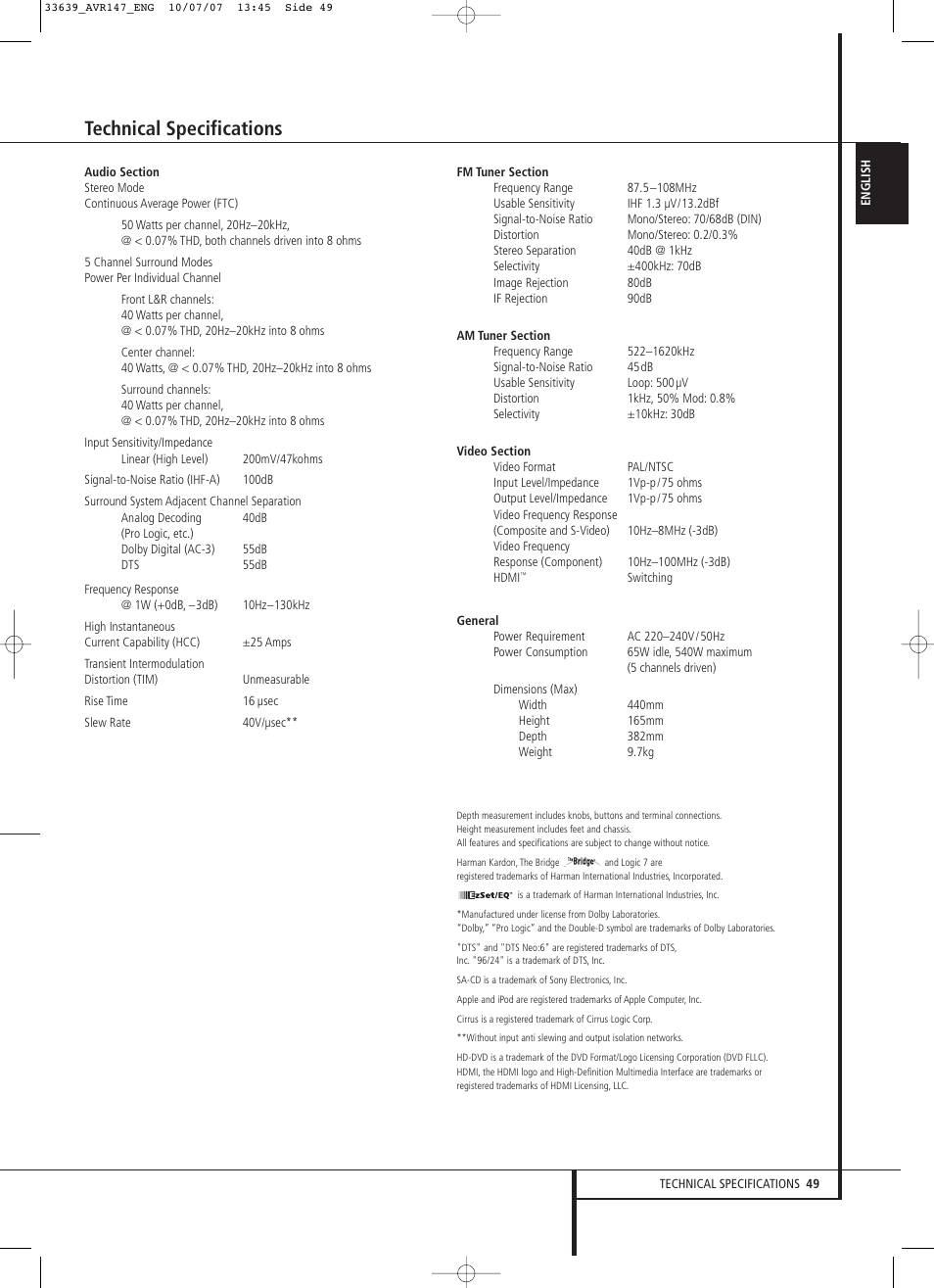 Technical specifications | Harman-Kardon AVR 147 User Manual | Page 49 / 52