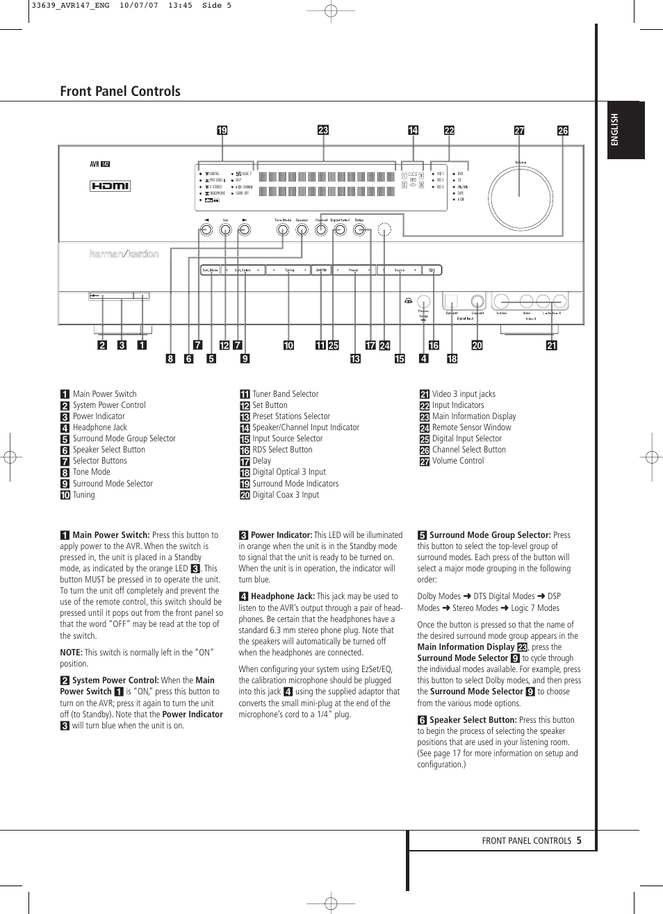 Front panel controls | Harman-Kardon AVR 147 User Manual | Page 5 / 52