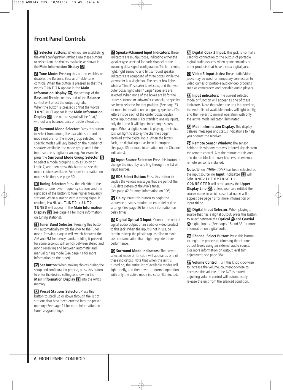Front panel controls | Harman-Kardon AVR 147 User Manual | Page 6 / 52
