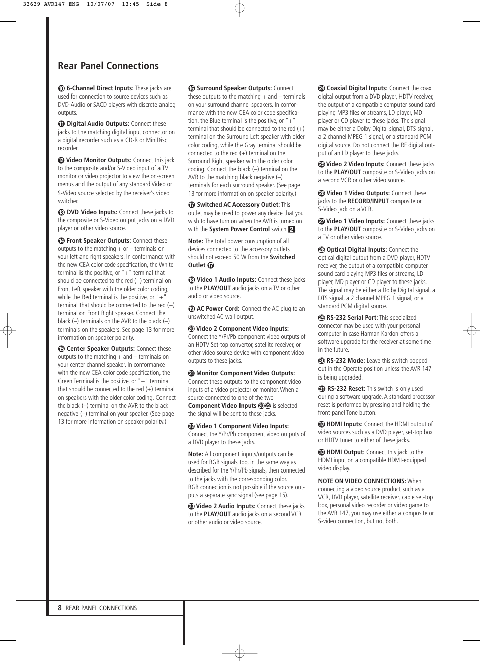 Rear panel connections | Harman-Kardon AVR 147 User Manual | Page 8 / 52
