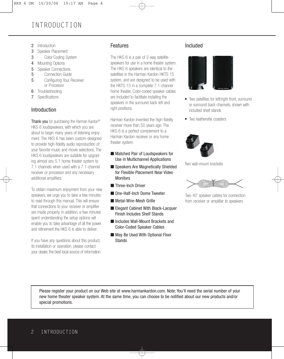 Introduction, Features, Included | Harman-Kardon HKS 6 User Manual | Page 2 / 8