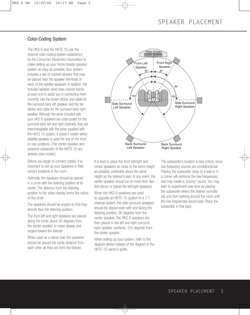 Speaker placement, Color-coding system, Speaker placement 3 | Harman-Kardon HKS 6 User Manual | Page 3 / 8