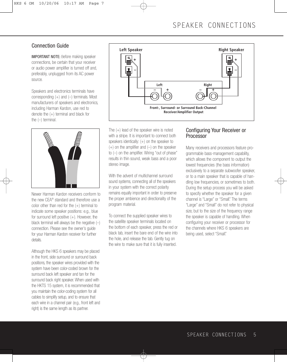 Speaker connections, Connection guide, Configuring your receiver or processor | Harman-Kardon HKS 6 User Manual | Page 5 / 8