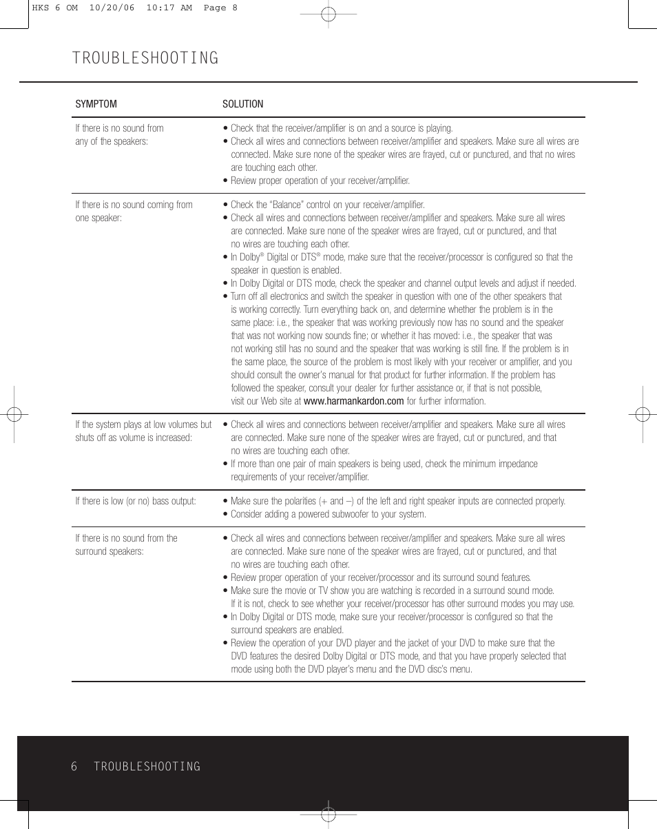 Troubleshooting | Harman-Kardon HKS 6 User Manual | Page 6 / 8