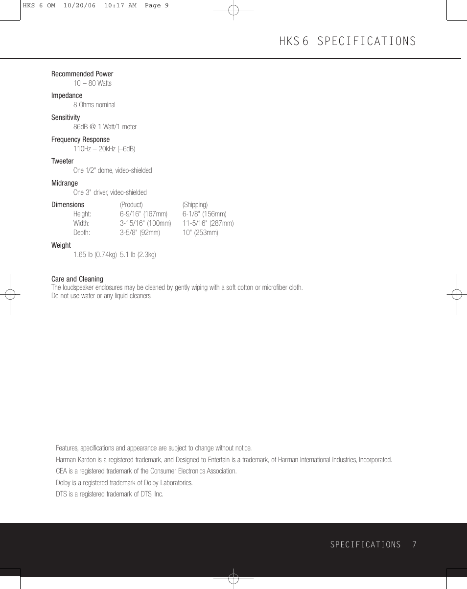 Hks 6 specifications | Harman-Kardon HKS 6 User Manual | Page 7 / 8