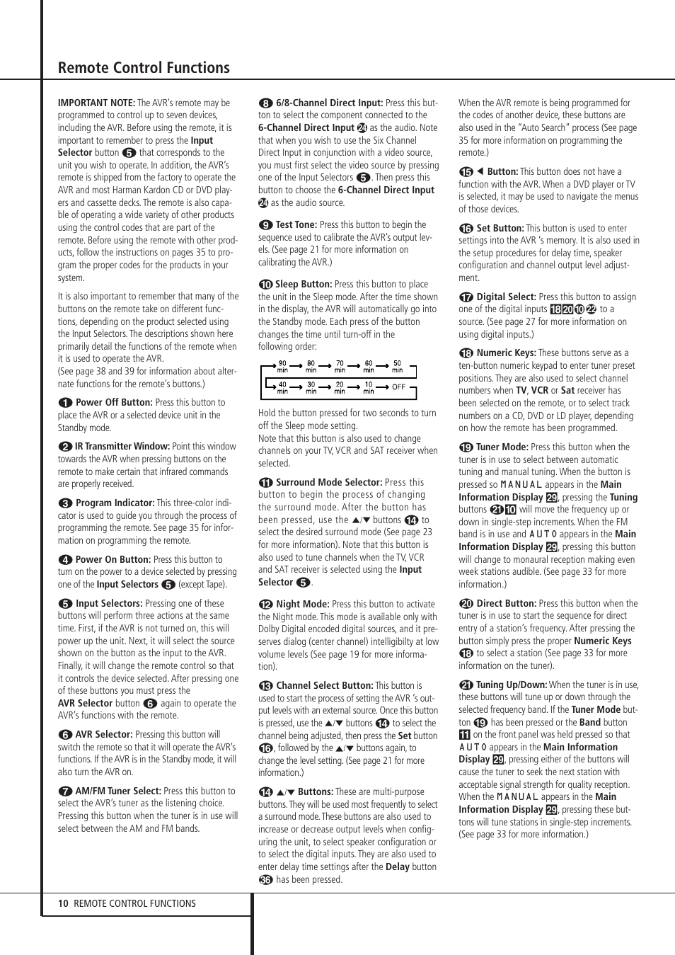 Remote control functions | Harman-Kardon AVR 135 User Manual | Page 10 / 42