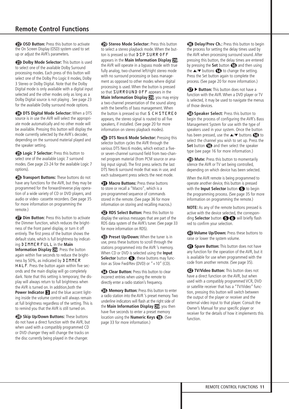Remote control functions | Harman-Kardon AVR 135 User Manual | Page 11 / 42