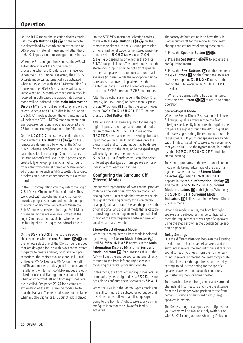Operation, Configuring the surround off (stereo) modes | Harman-Kardon AVR 135 User Manual | Page 20 / 42