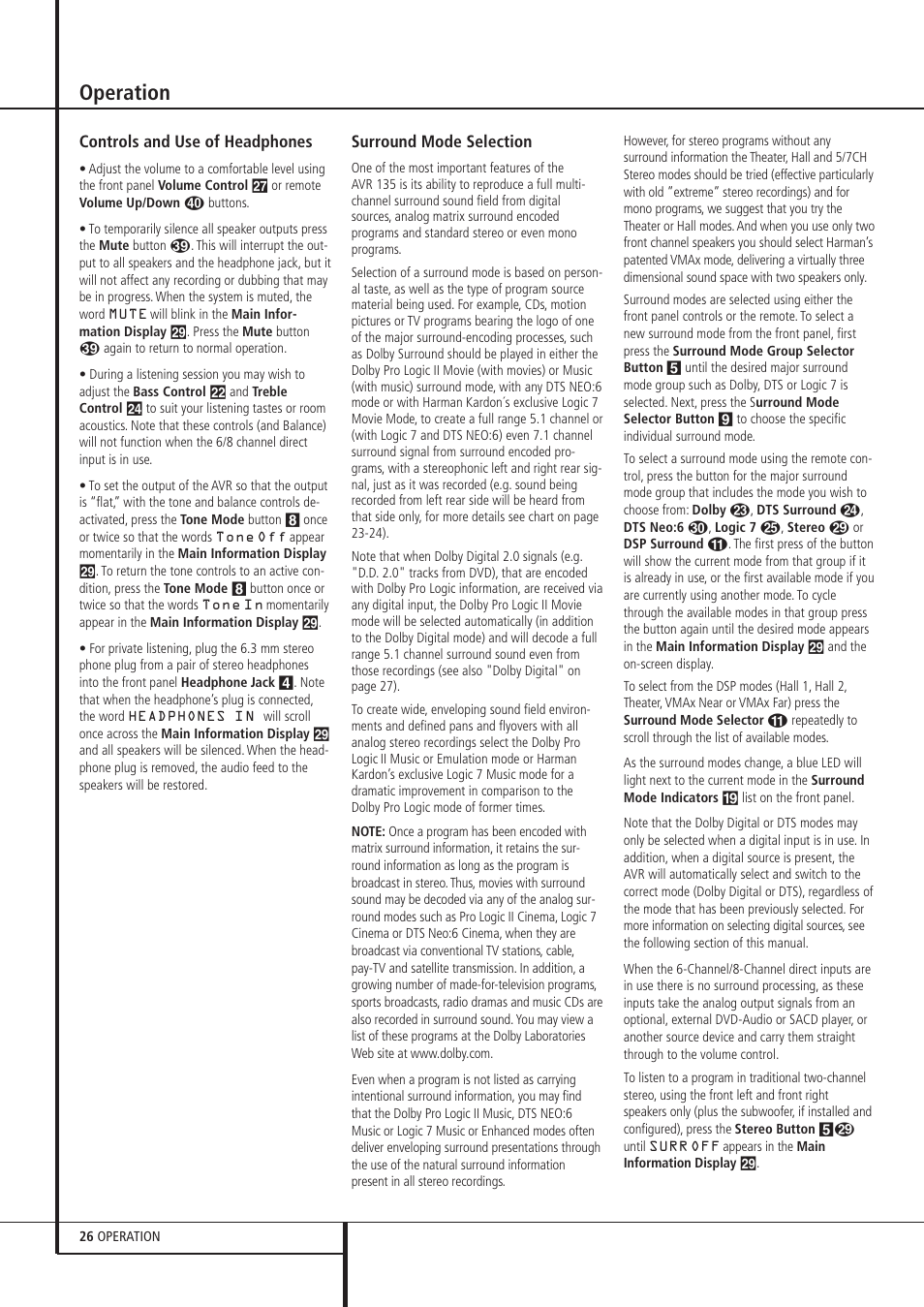 Operation | Harman-Kardon AVR 135 User Manual | Page 26 / 42