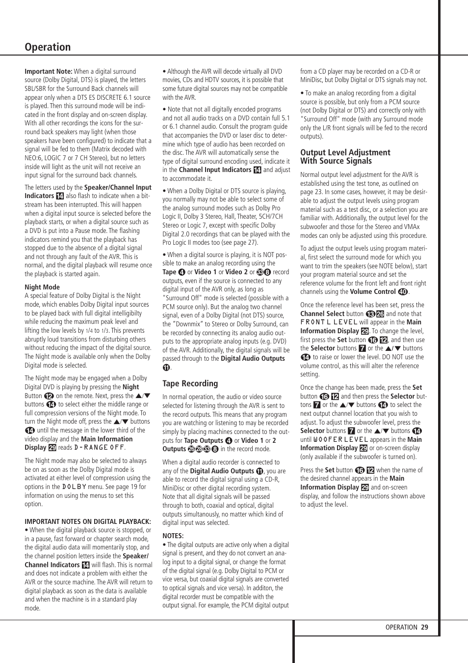 Operation, Tape recording, Output level adjustment with source signals | Harman-Kardon AVR 135 User Manual | Page 29 / 42