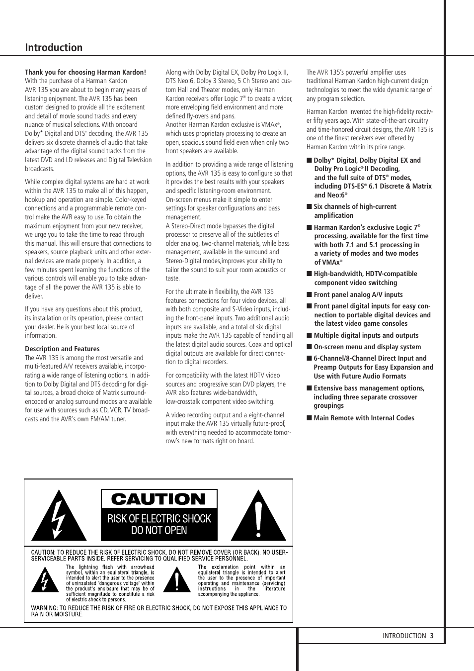 Introduction | Harman-Kardon AVR 135 User Manual | Page 3 / 42