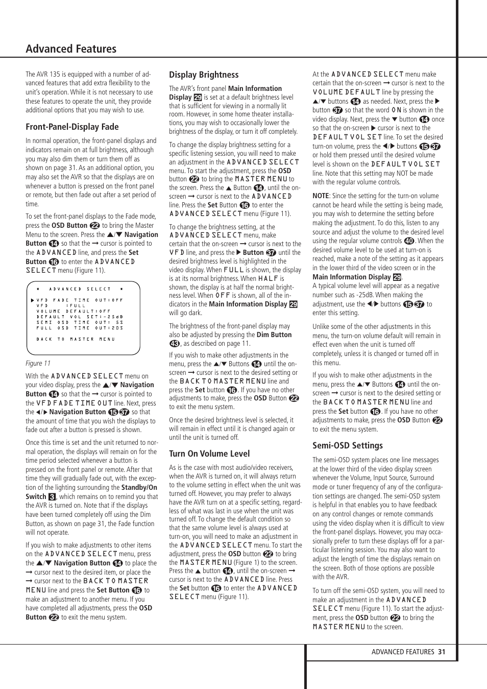 Advanced features, Front-panel-display fade, Display brightness | Turn on volume level, Semi-osd settings | Harman-Kardon AVR 135 User Manual | Page 31 / 42