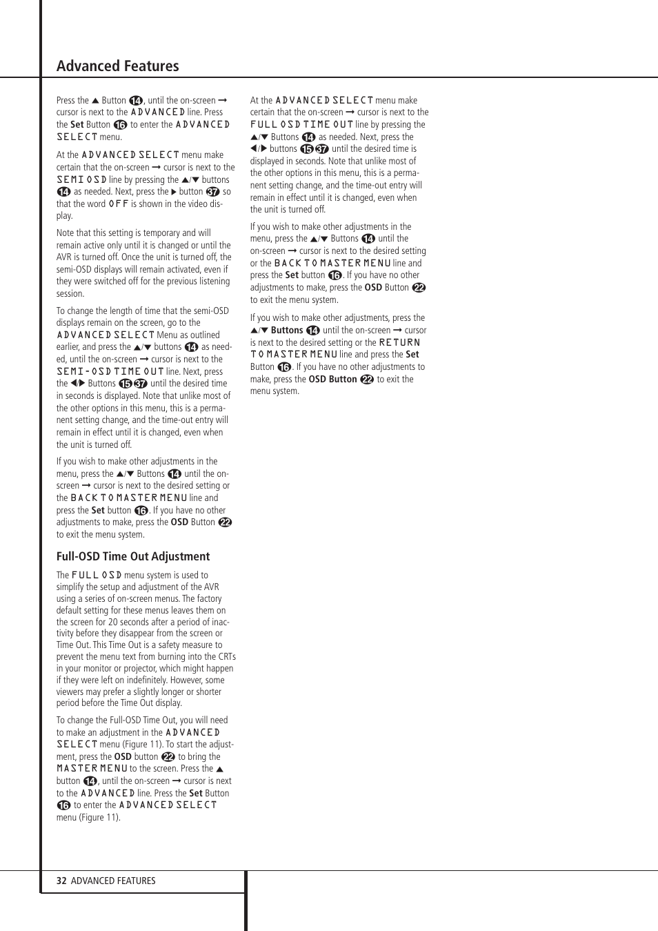 Advanced features, Full-osd time out adjustment | Harman-Kardon AVR 135 User Manual | Page 32 / 42