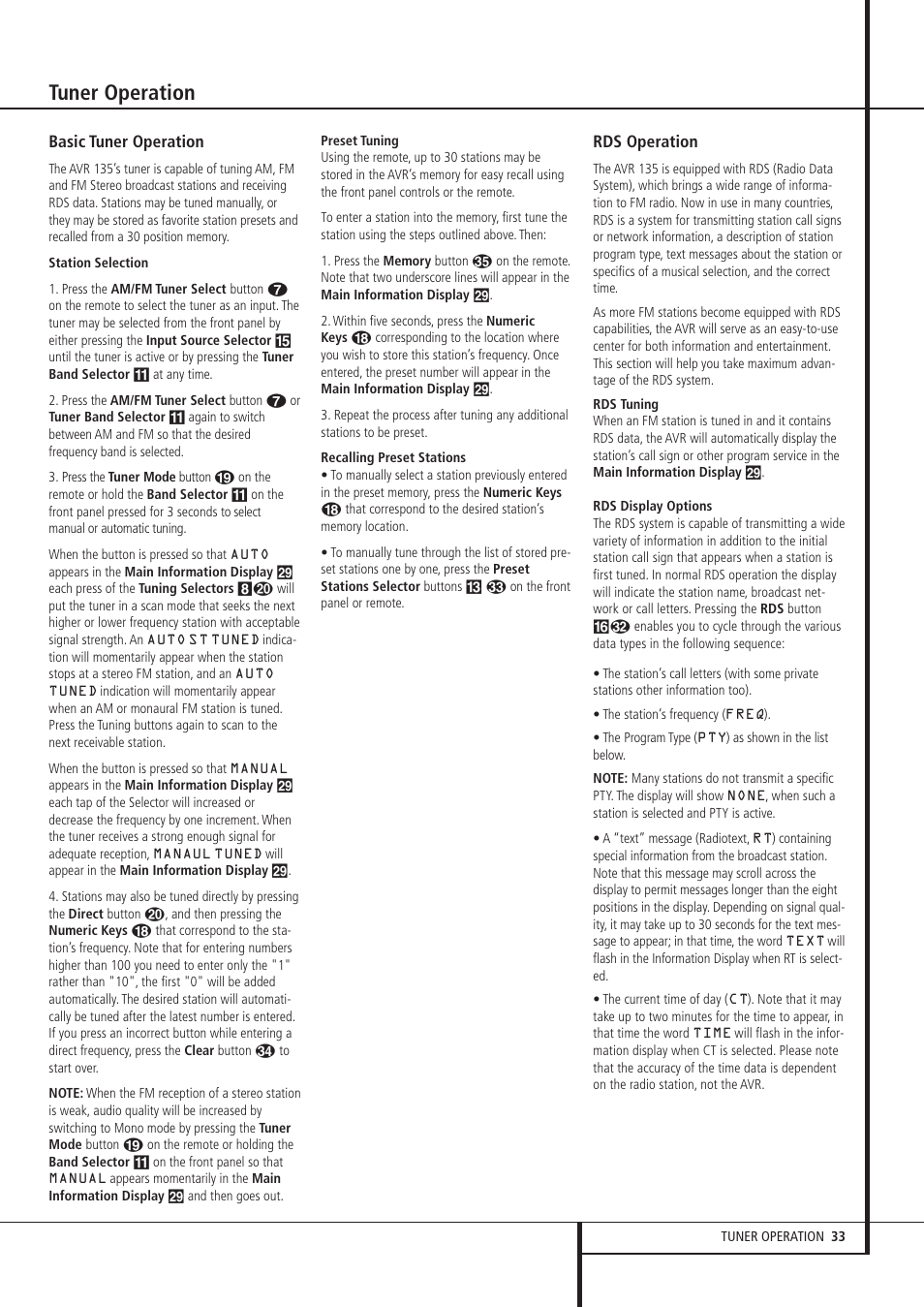 Tuner operation | Harman-Kardon AVR 135 User Manual | Page 33 / 42