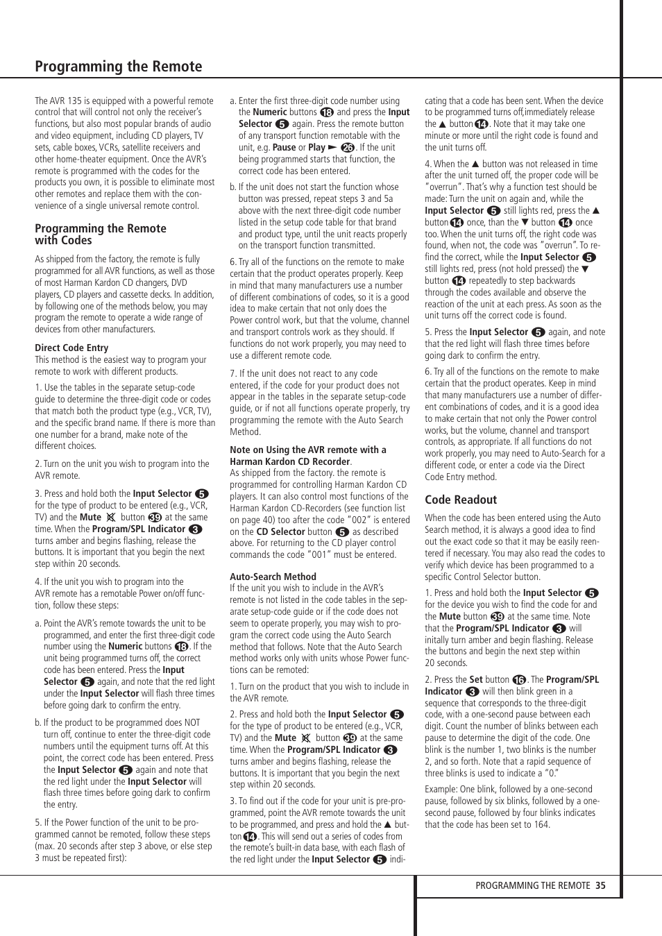 Programming the remote | Harman-Kardon AVR 135 User Manual | Page 35 / 42