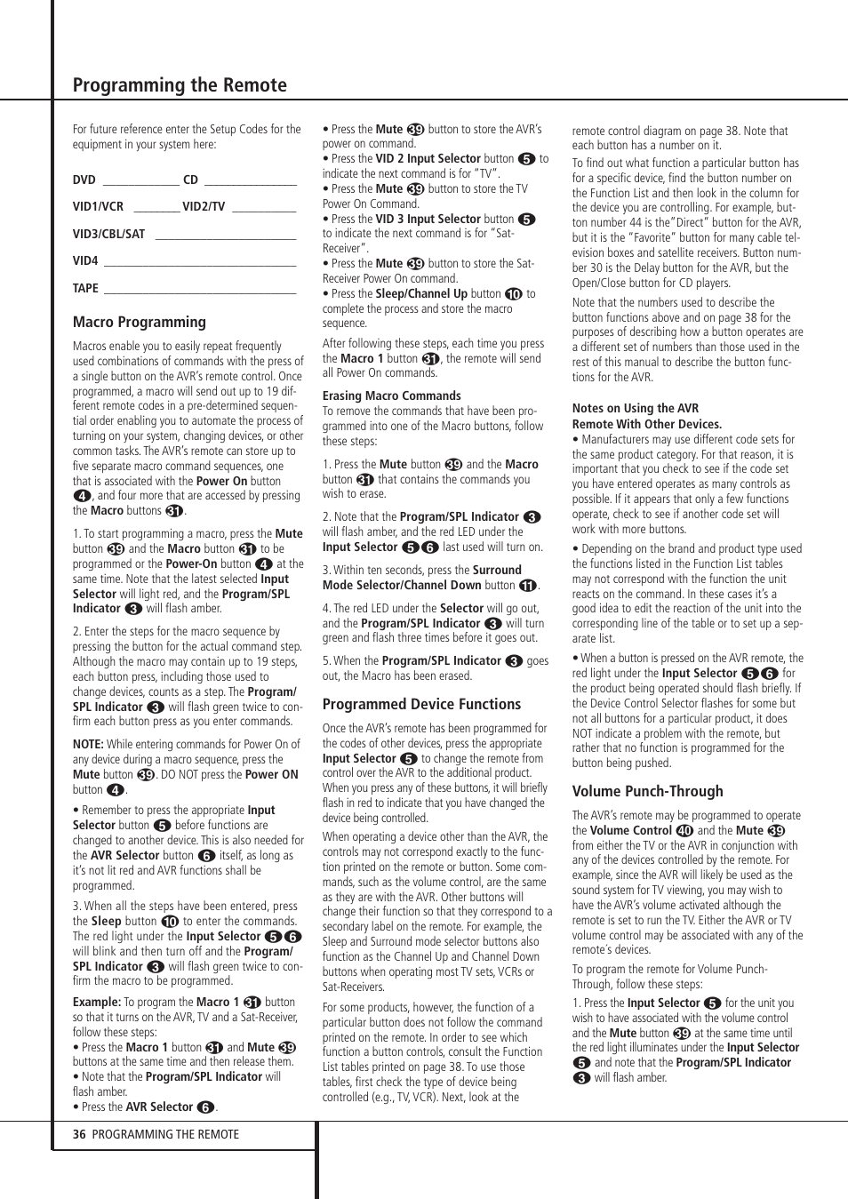 Programming the remote | Harman-Kardon AVR 135 User Manual | Page 36 / 42