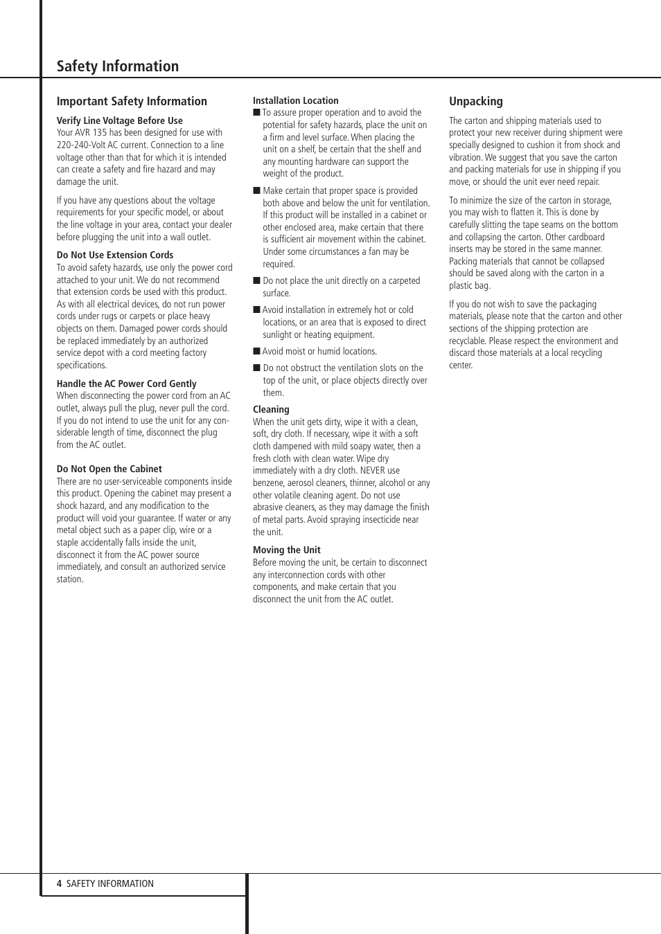 Safety information | Harman-Kardon AVR 135 User Manual | Page 4 / 42