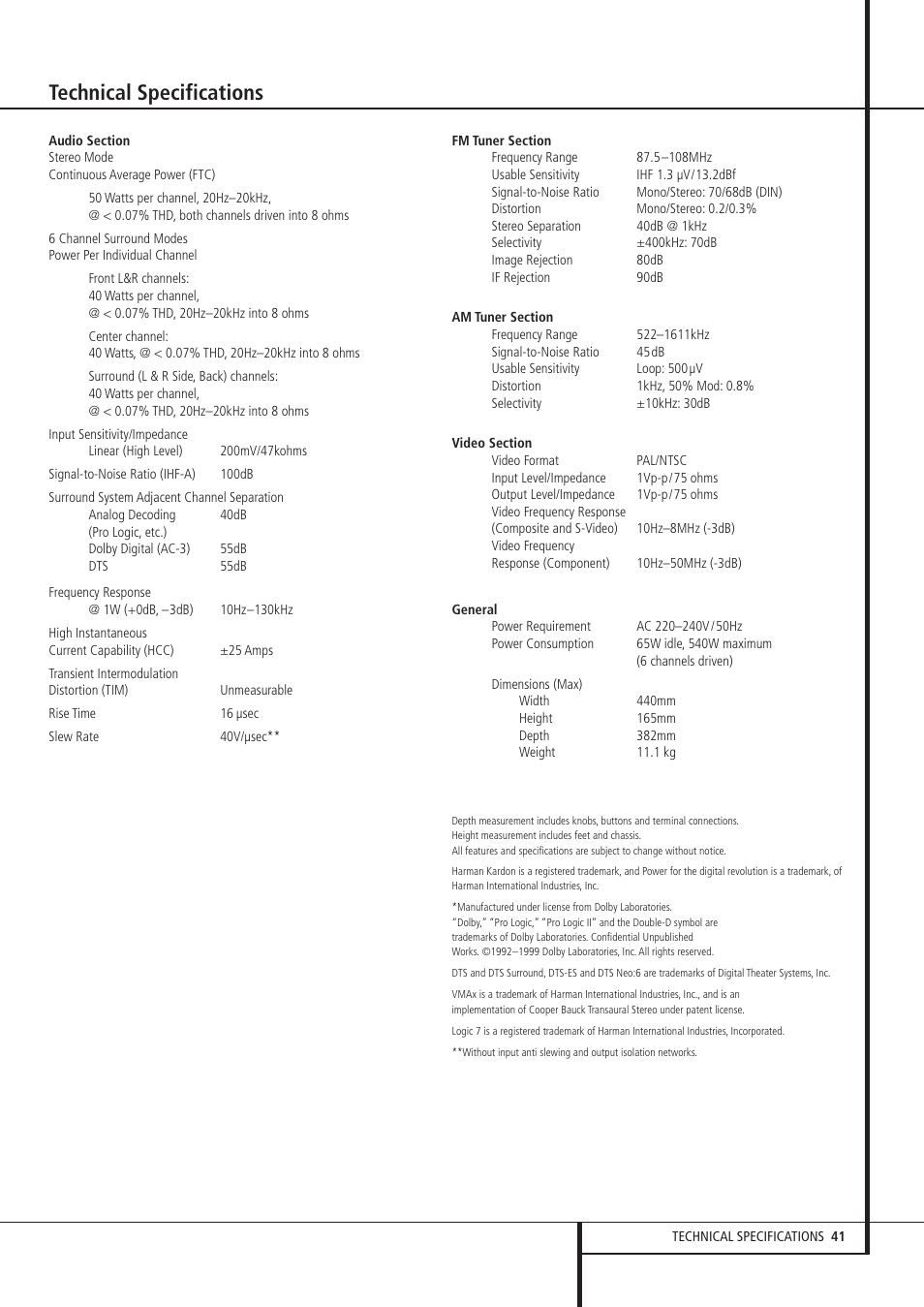 Technical specifications | Harman-Kardon AVR 135 User Manual | Page 41 / 42