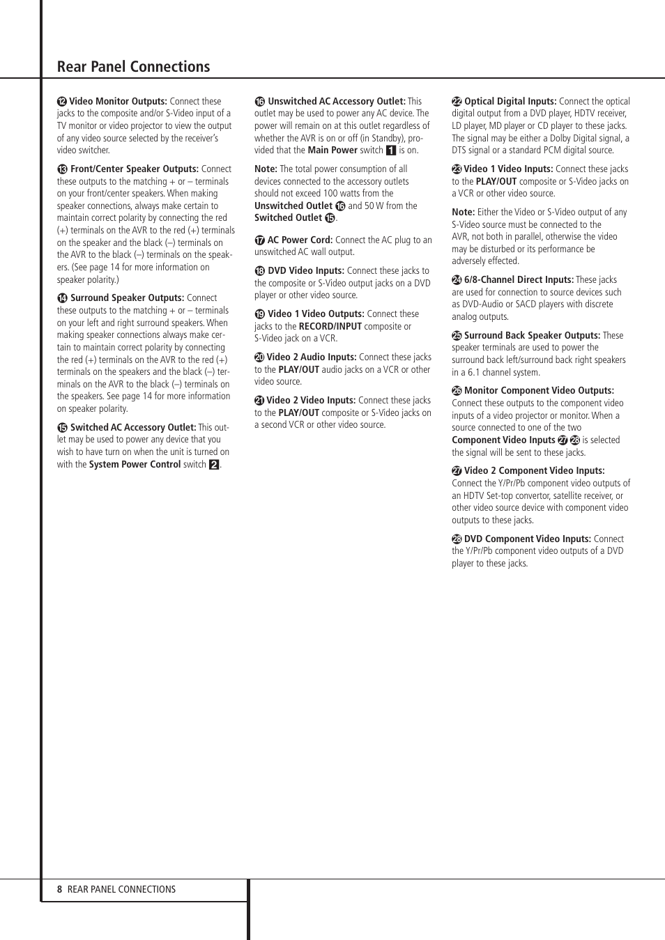 Rear panel connections | Harman-Kardon AVR 135 User Manual | Page 8 / 42