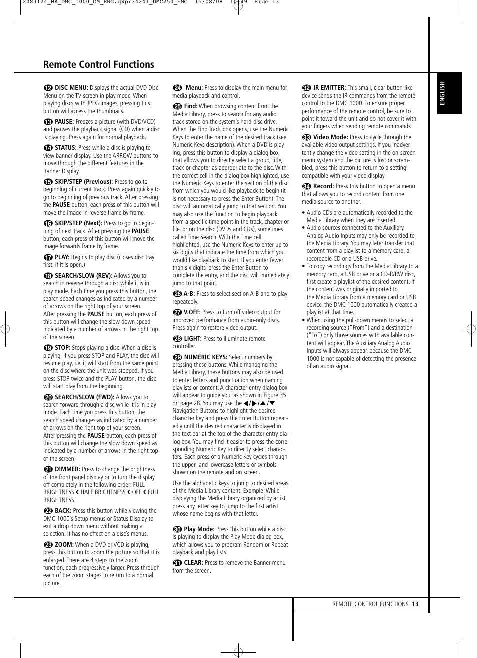 Remote control functions | Harman-Kardon DMC 1000 User Manual | Page 13 / 42