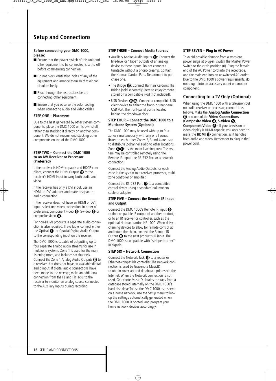 Setup and connections | Harman-Kardon DMC 1000 User Manual | Page 16 / 42