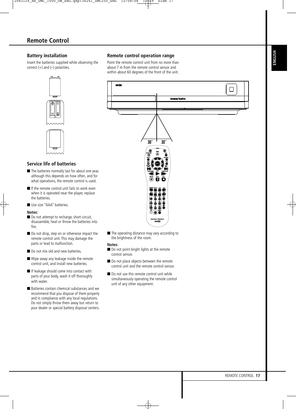 Remote control | Harman-Kardon DMC 1000 User Manual | Page 17 / 42