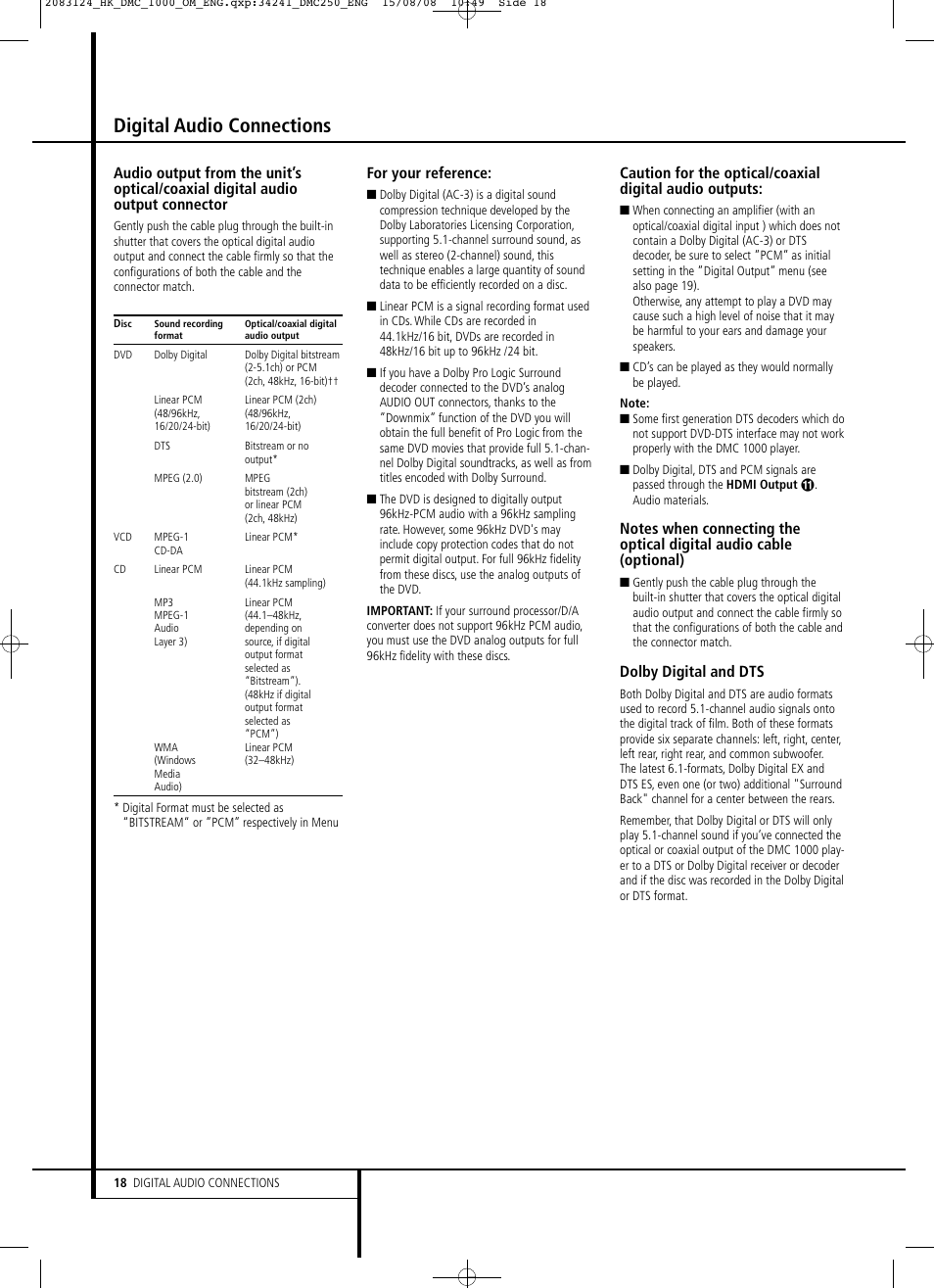 Digital audio connections, For your reference, Dolby digital and dts | Harman-Kardon DMC 1000 User Manual | Page 18 / 42