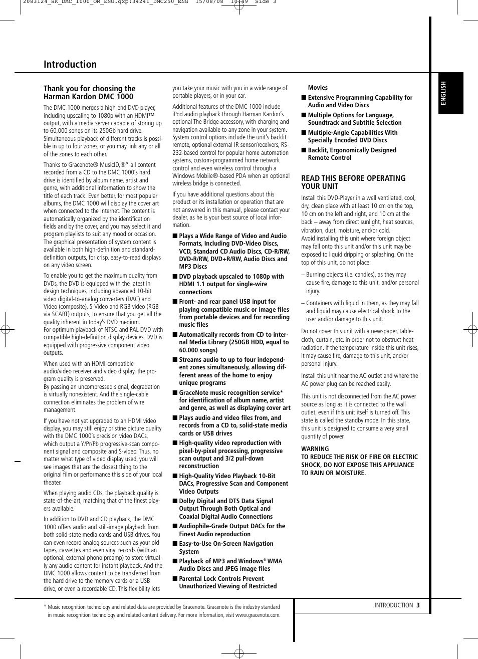 Introduction | Harman-Kardon DMC 1000 User Manual | Page 3 / 42
