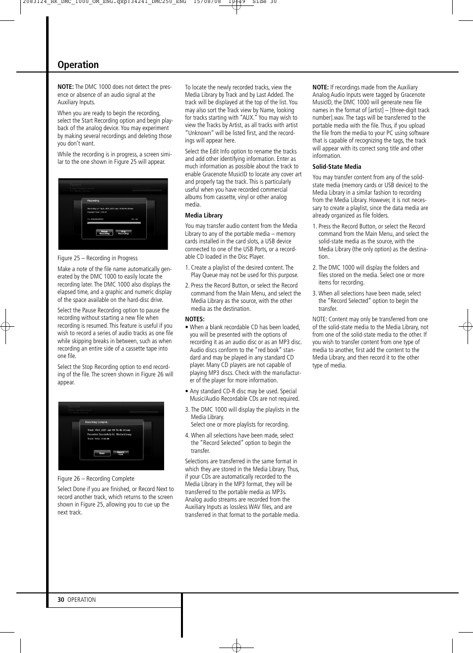 Operation | Harman-Kardon DMC 1000 User Manual | Page 30 / 42