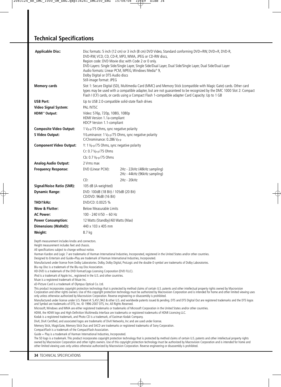 Technical specifications | Harman-Kardon DMC 1000 User Manual | Page 34 / 42