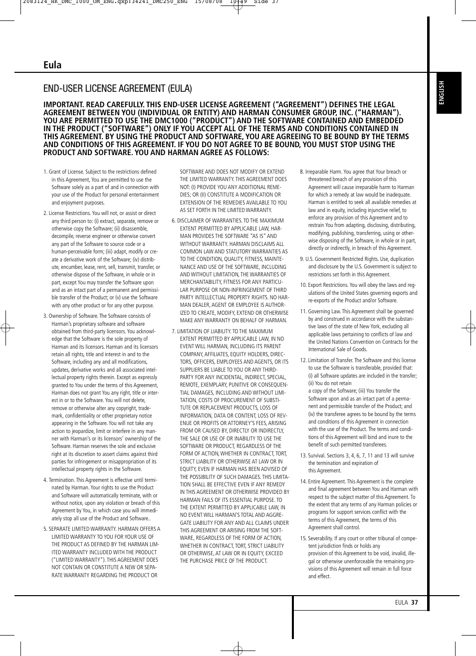 Eula end-user license agreement (eula) | Harman-Kardon DMC 1000 User Manual | Page 37 / 42