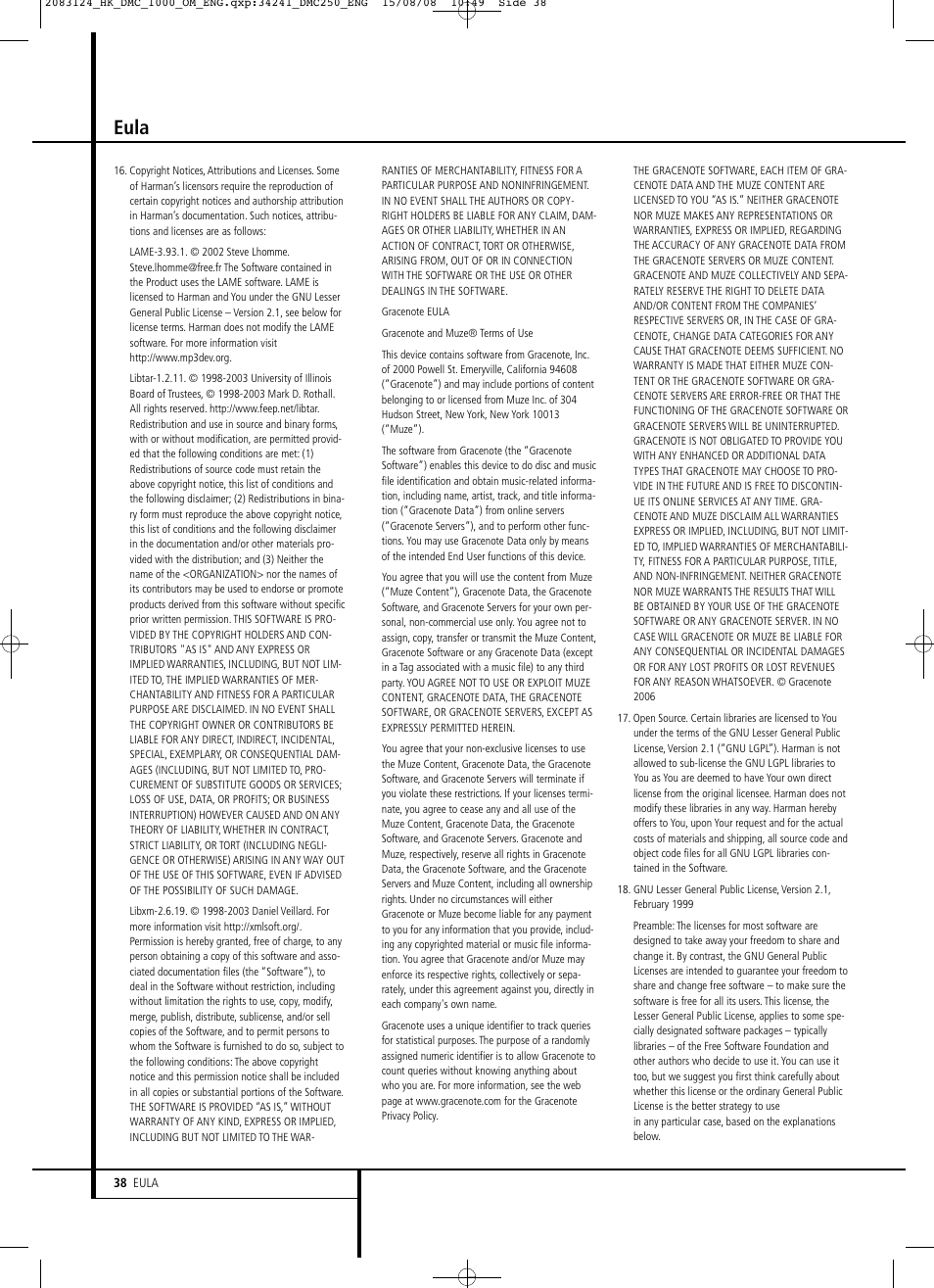Eula | Harman-Kardon DMC 1000 User Manual | Page 38 / 42