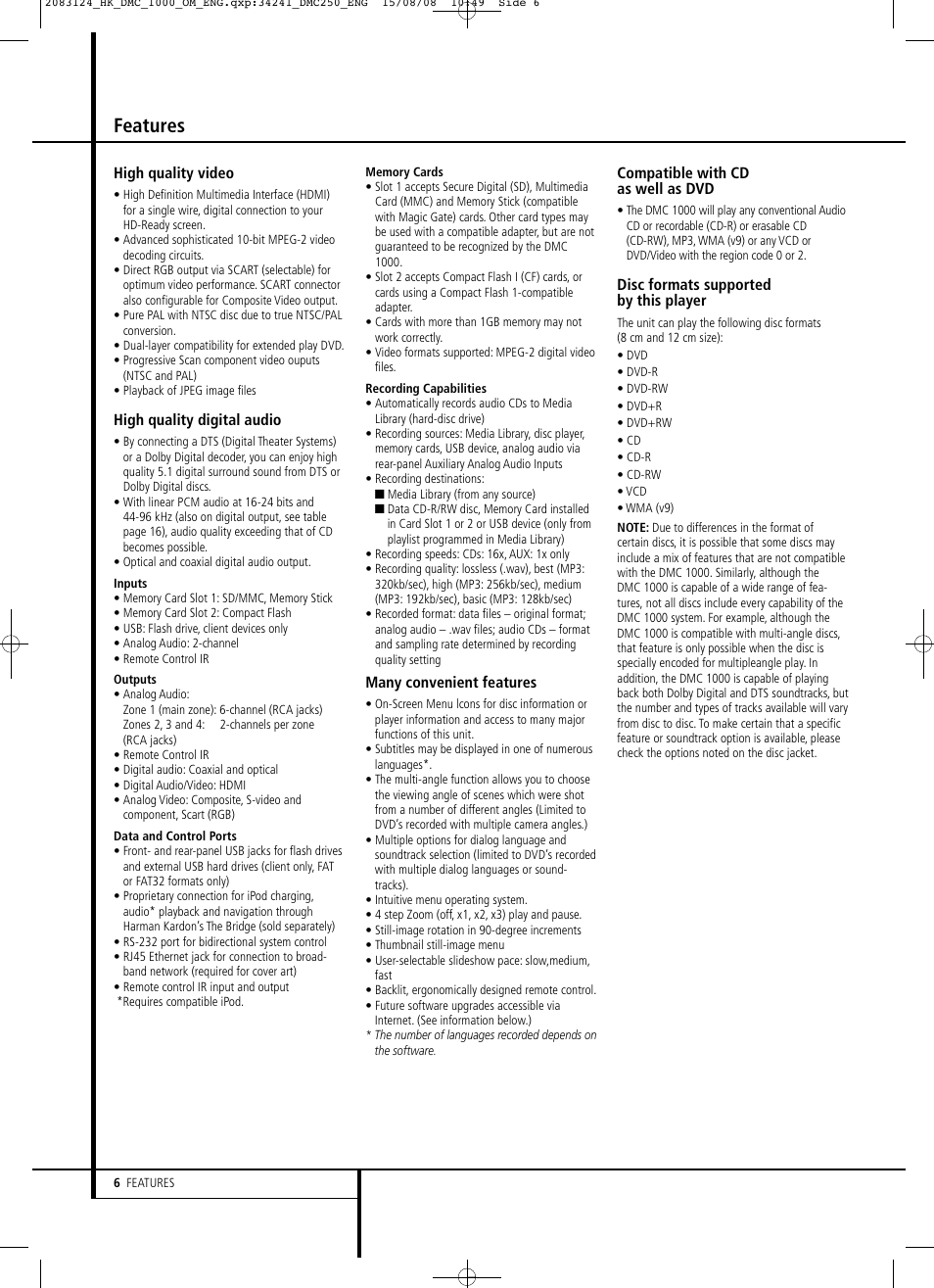 Features | Harman-Kardon DMC 1000 User Manual | Page 6 / 42