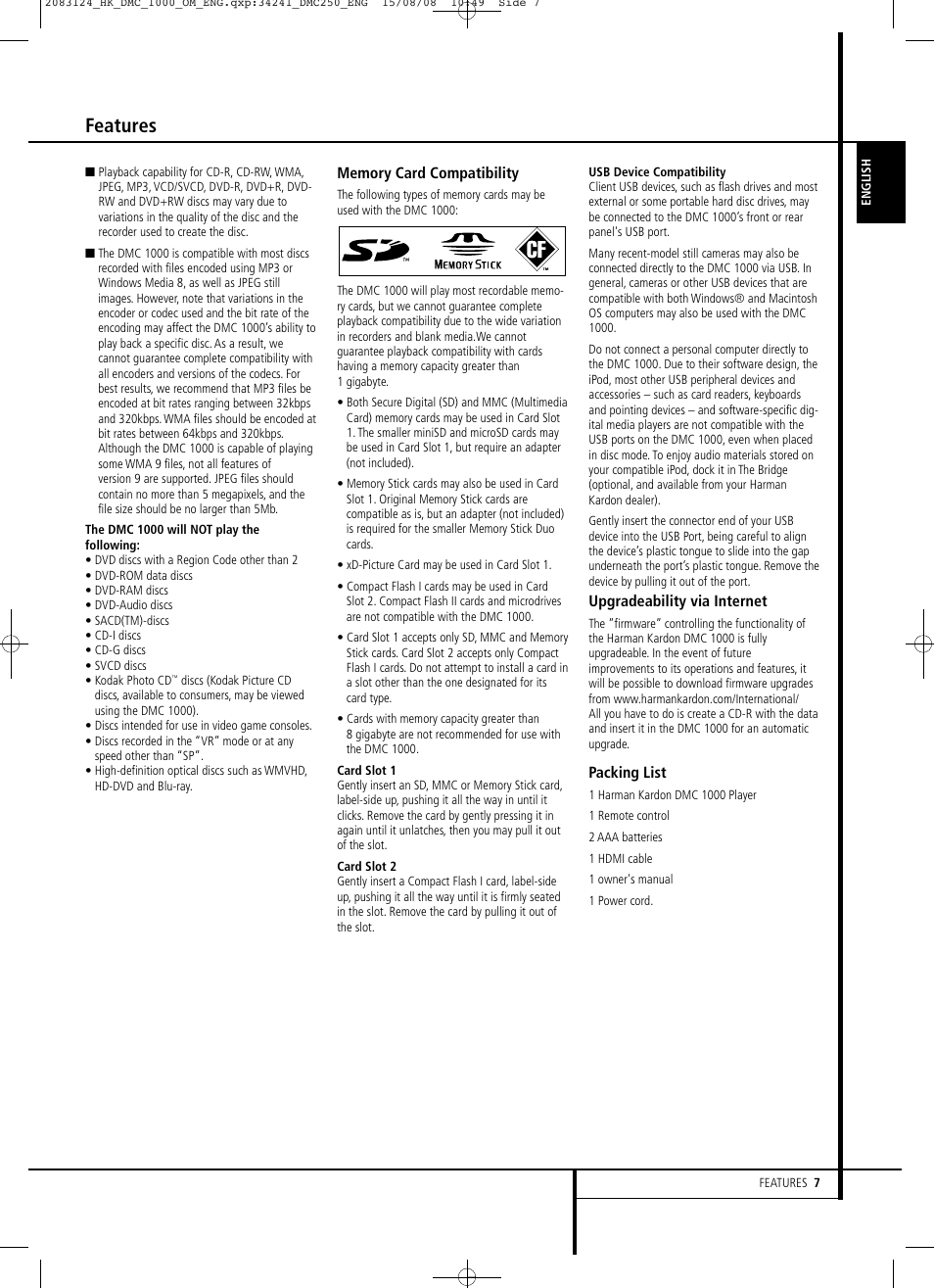 Features | Harman-Kardon DMC 1000 User Manual | Page 7 / 42
