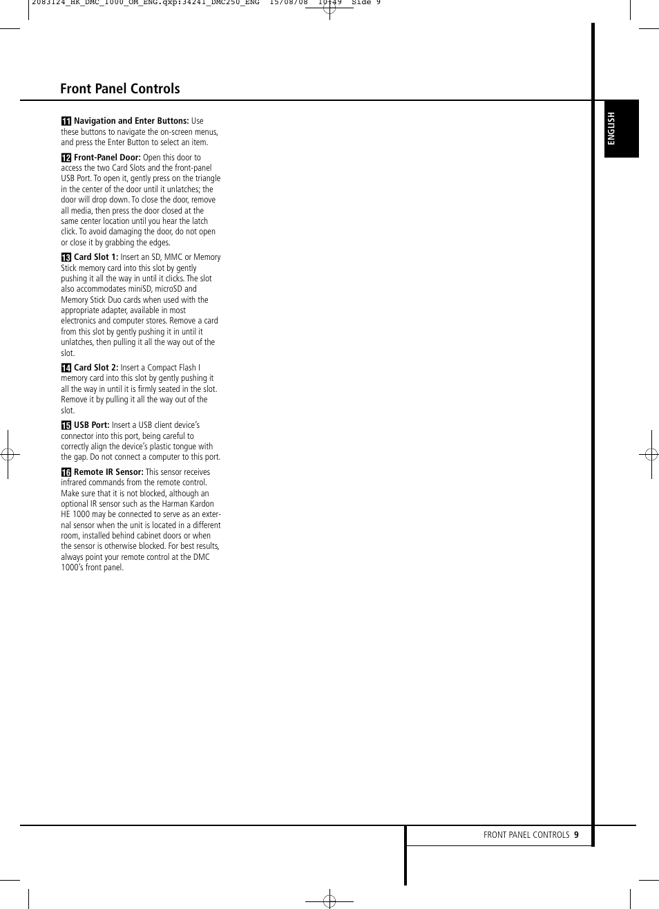 Front panel controls | Harman-Kardon DMC 1000 User Manual | Page 9 / 42