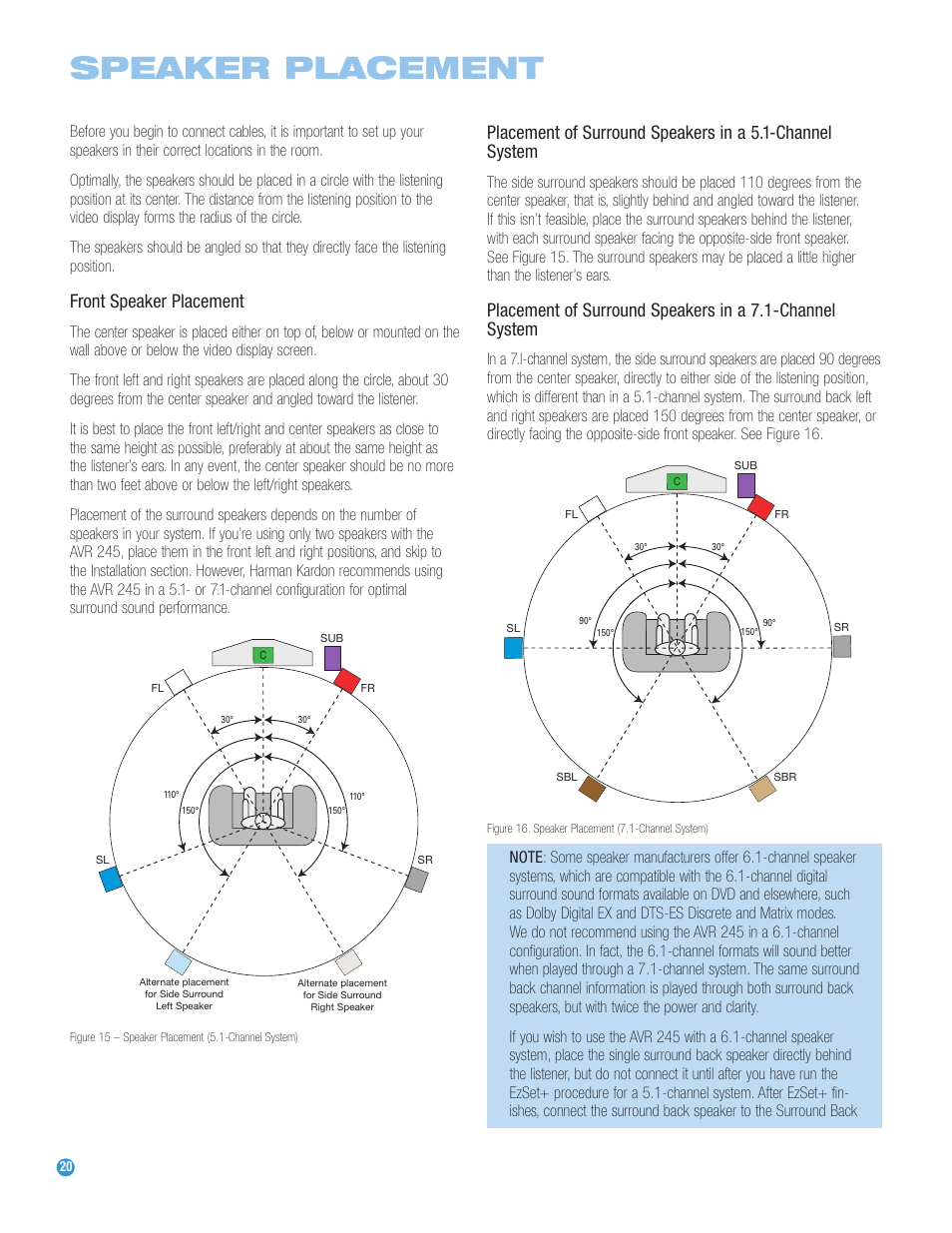 Speaker placement, Front speaker placement | Harman-Kardon AVR 245 User Manual | Page 20 / 72