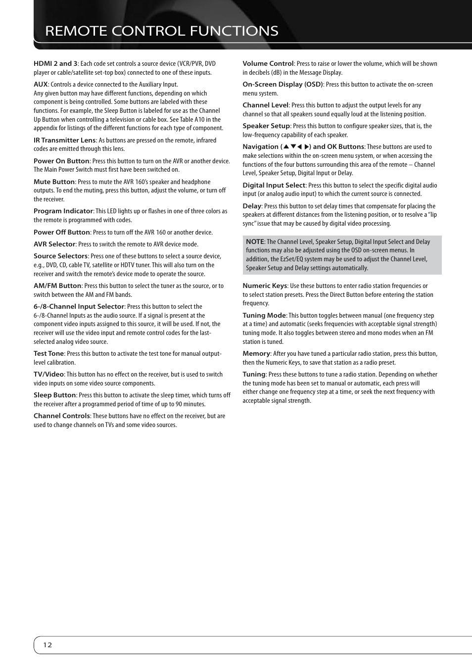 Remote control functions | Harman-Kardon AVR 160 User Manual | Page 12 / 48
