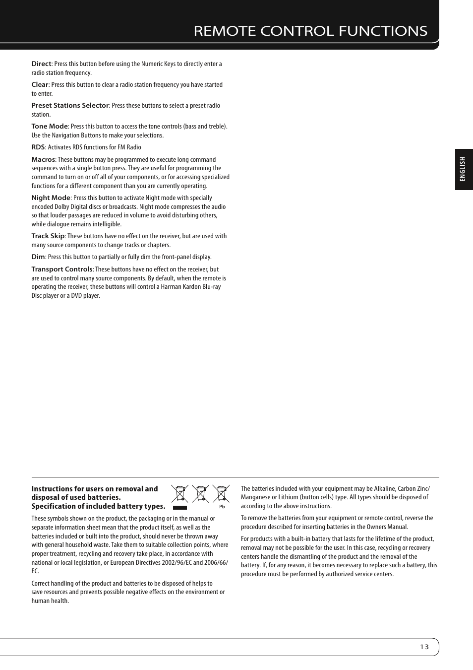 Remote control functions | Harman-Kardon AVR 160 User Manual | Page 13 / 48