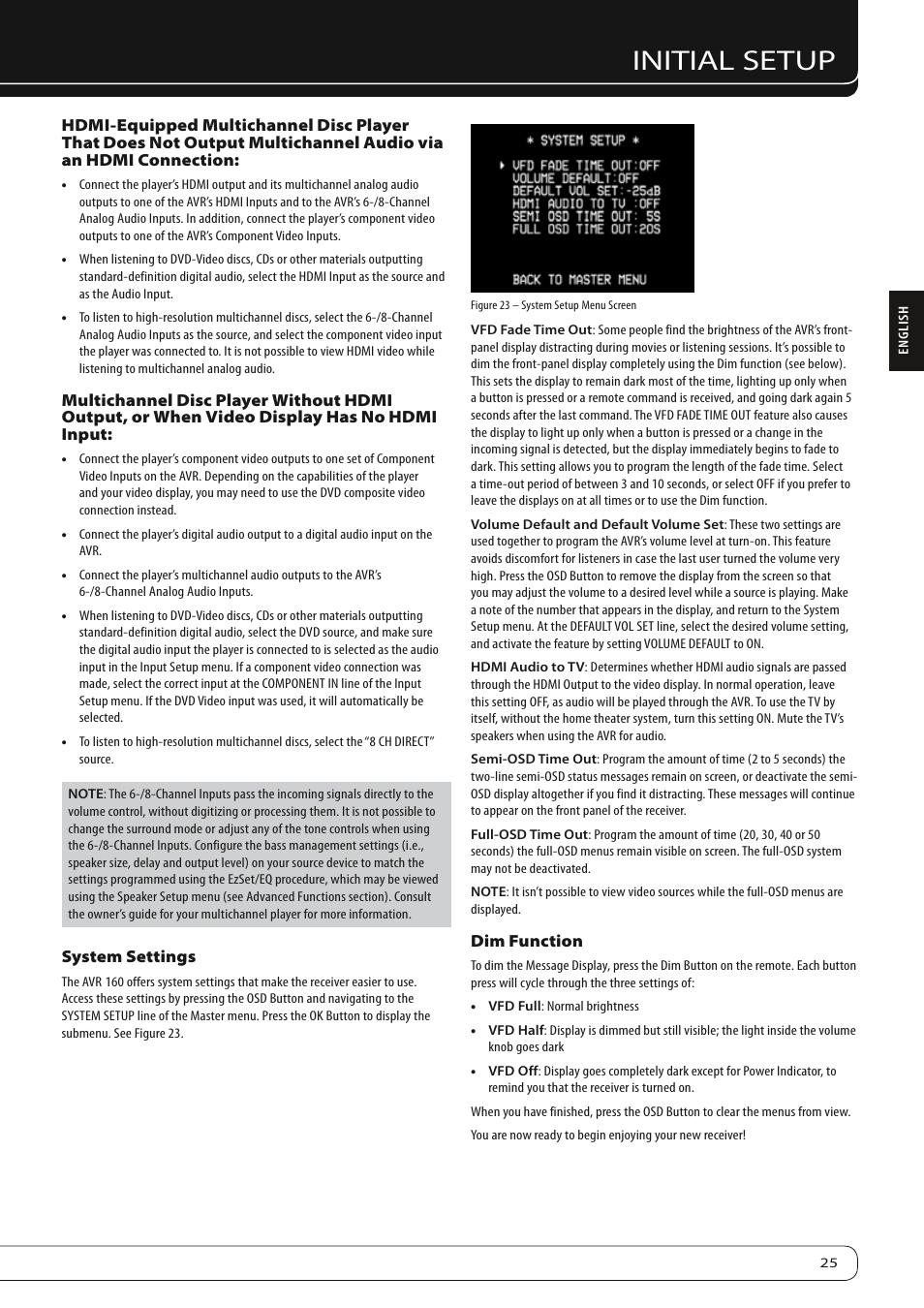 Initial setup | Harman-Kardon AVR 160 User Manual | Page 25 / 48