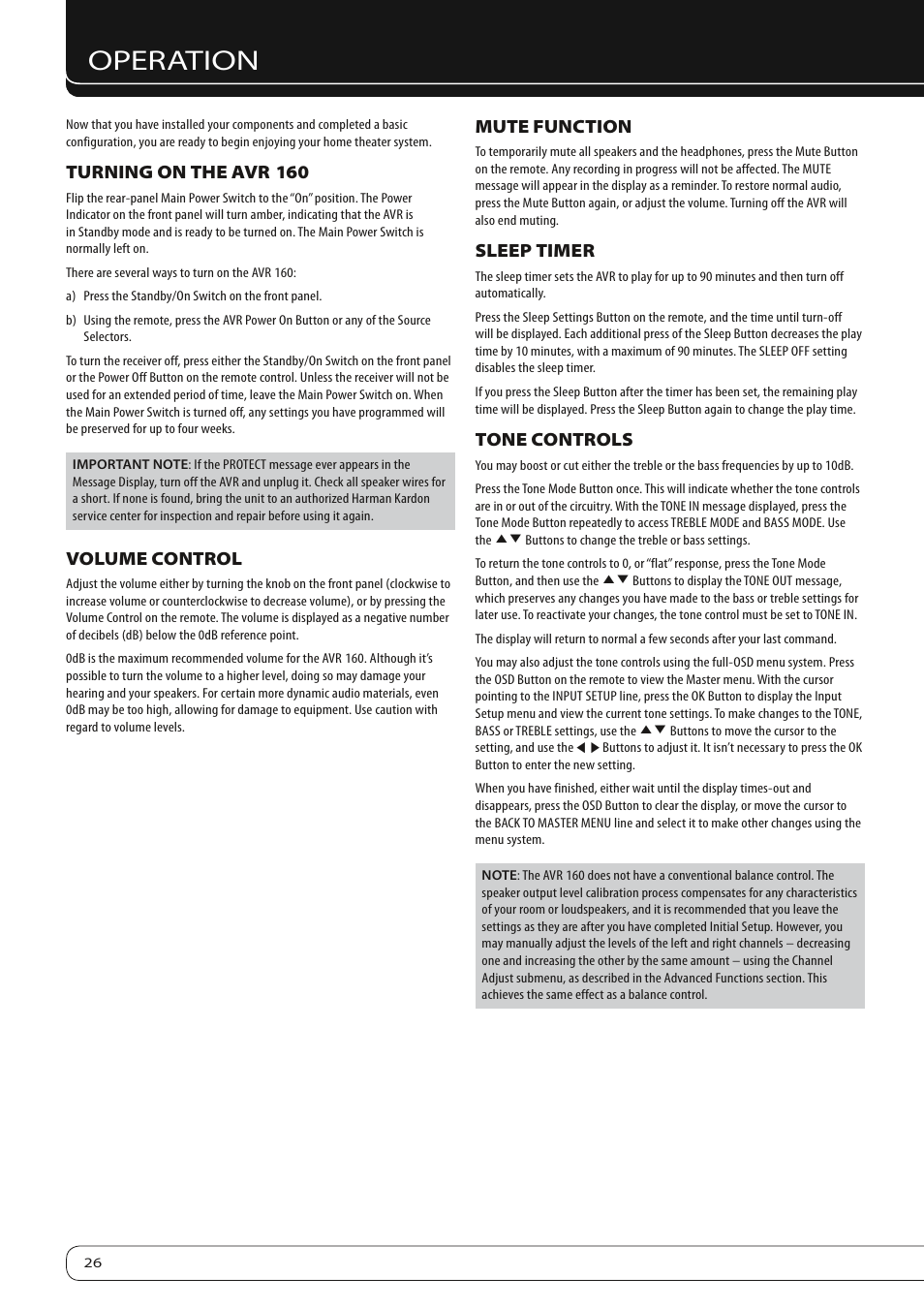 Operation, Turning on the avr 160, Volume control | Mute function, Sleep timer, Tone controls | Harman-Kardon AVR 160 User Manual | Page 26 / 48