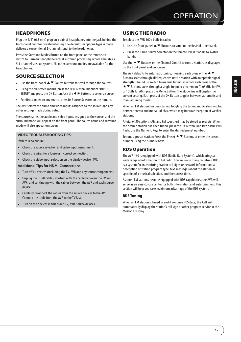 Operation, Headphones, Source selection | Using the radio | Harman-Kardon AVR 160 User Manual | Page 27 / 48