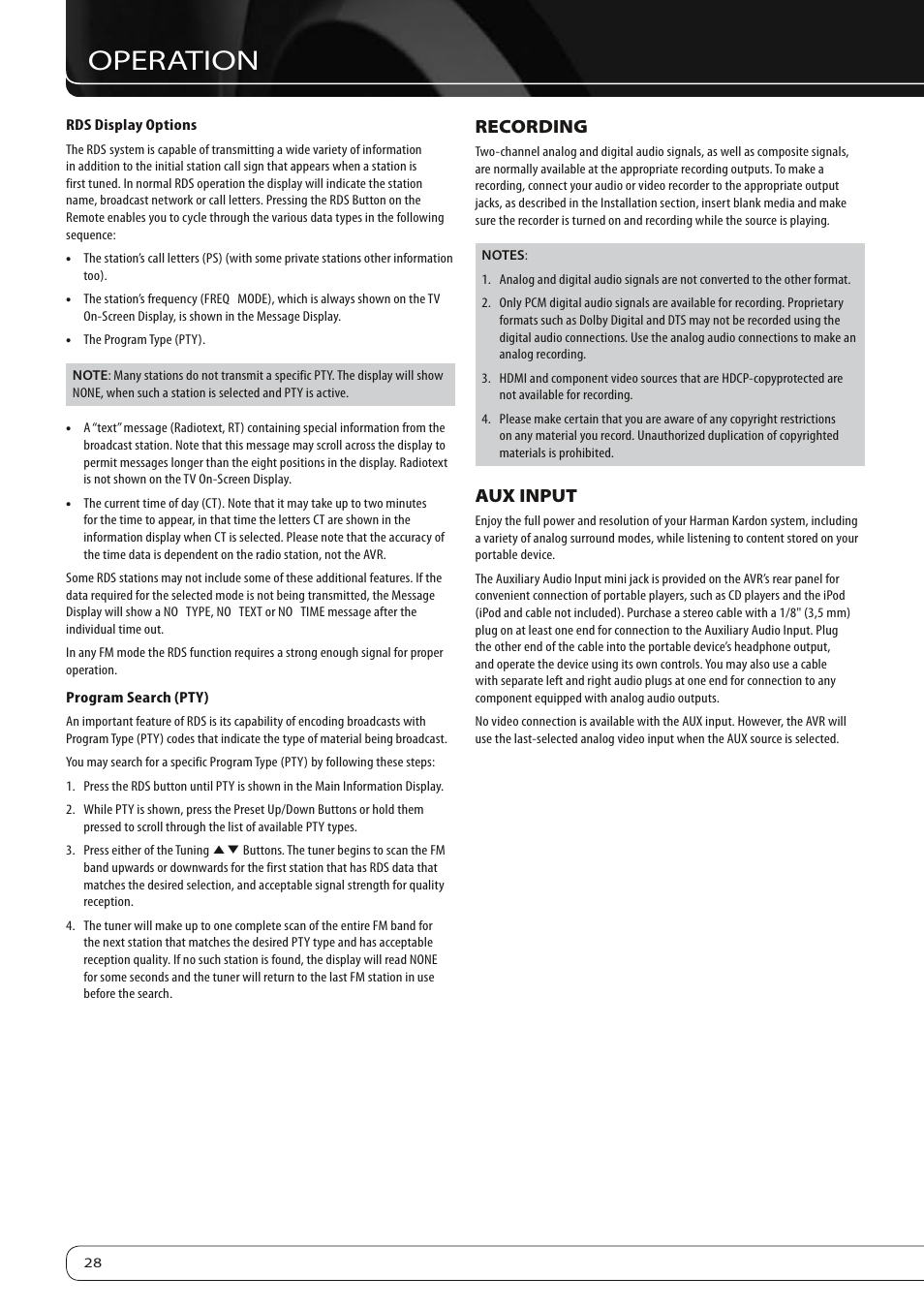 Operation, Recording, Aux input | Harman-Kardon AVR 160 User Manual | Page 28 / 48