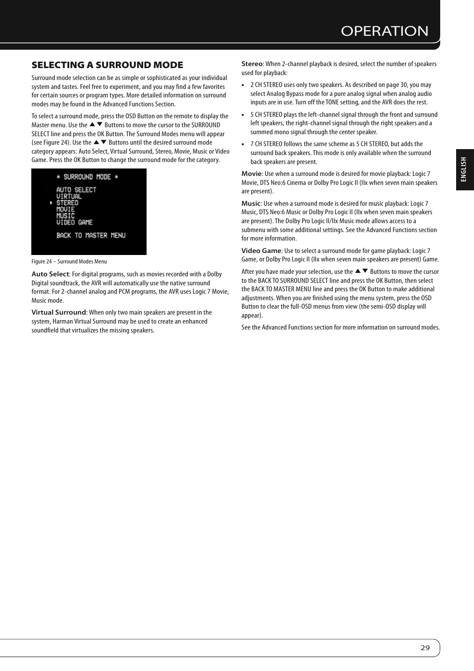 Operation, Selecting a surround mode | Harman-Kardon AVR 160 User Manual | Page 29 / 48