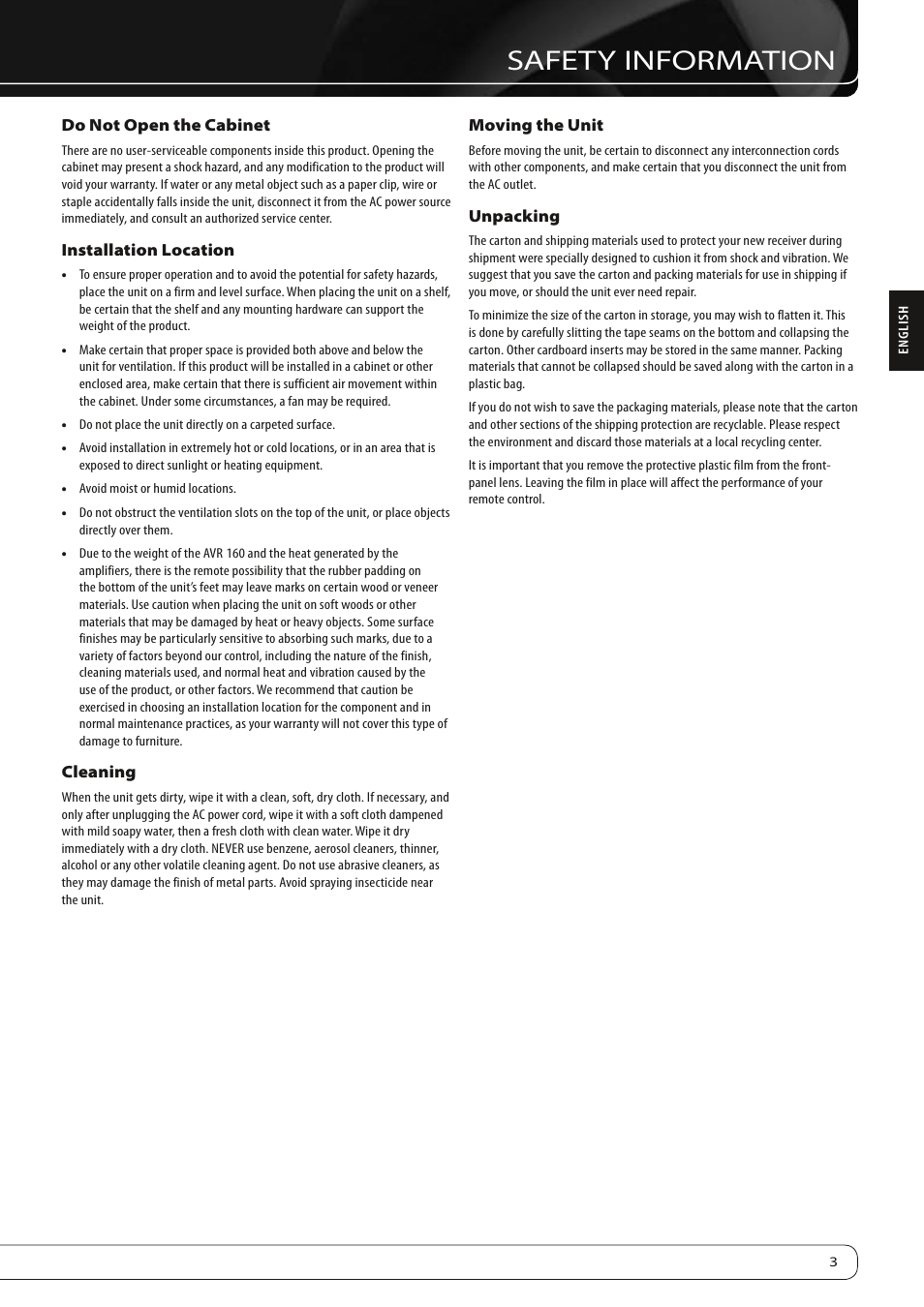 Safety information | Harman-Kardon AVR 160 User Manual | Page 3 / 48