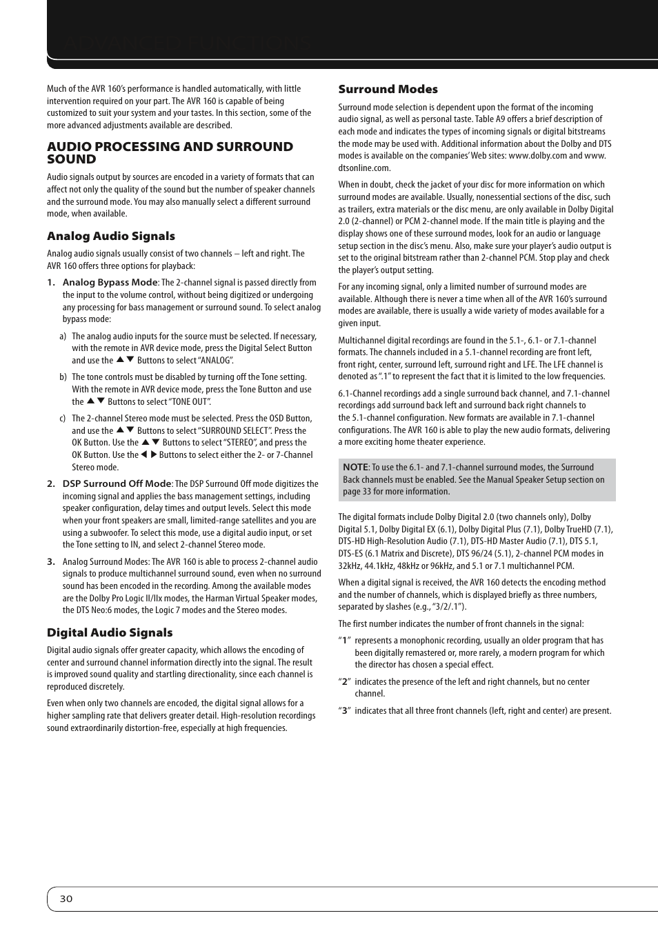 Advanced functions, Audio processing and surround sound | Harman-Kardon AVR 160 User Manual | Page 30 / 48