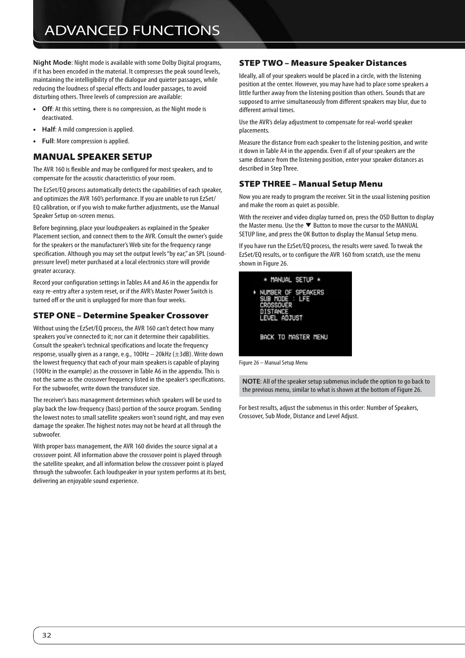 Advanced functions, Manual speaker setup | Harman-Kardon AVR 160 User Manual | Page 32 / 48